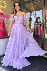 A Line Prom Dress Sweetheart Neck Chiffon Evening Dress with Puff Sleeves