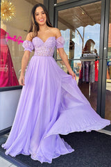 A Line Prom Dress Sweetheart Neck Chiffon Evening Dress with Puff Sleeves