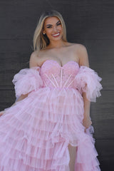 A Line Prom Dress Sweetheart Neck Glitter Tulle Evening Dress With Split
