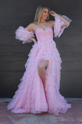 A Line Prom Dress Sweetheart Neck Glitter Tulle Evening Dress With Split