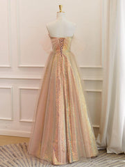 A Line Prom Dress Sweetheart Neck Gold Sequin Long Evening Dress