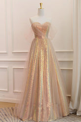 A Line Prom Dress Sweetheart Neck Gold Sequin Long Evening Dress