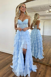 A Line Prom Dress Sweetheart Neck Lace Chiffon Blue Long Formal Dress Evening Dress