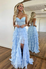 A Line Prom Dress Sweetheart Neck Lace Chiffon Blue Long Formal Dress Evening Dress