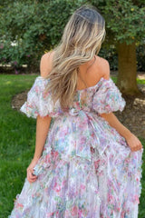 A Line Prom Dress Sweetheart Neck Printed Tulle Long Evening Dress