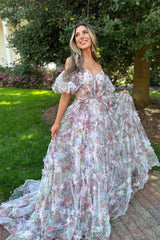A Line Prom Dress Sweetheart Neck Printed Tulle Long Evening Dress