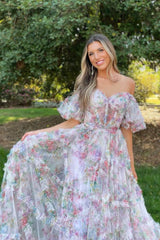 A Line Prom Dress Sweetheart Neck Printed Tulle Long Evening Dress