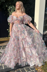 A Line Prom Dress Sweetheart Neck Printed Tulle Long Evening Dress