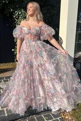 A Line Prom Dress Sweetheart Neck Printed Tulle Long Evening Dress