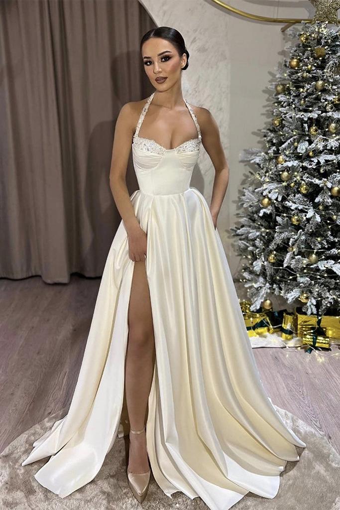 A Line Prom Dress Sweetheart Neck Satin Beaded Beige Long Formal Evening Dress