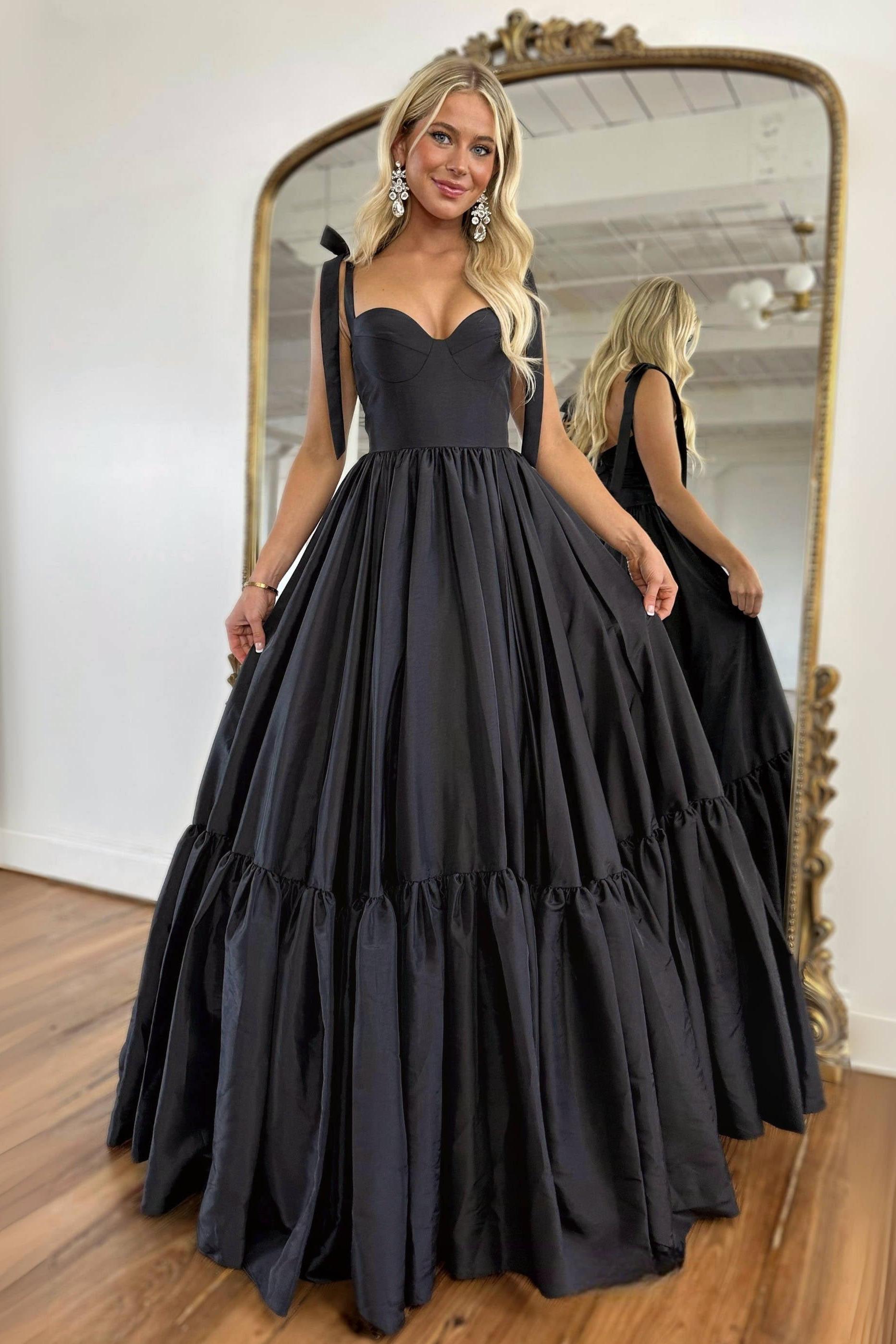 A Line Prom Dress Sweetheart Neck Taffeta Black Long Evening Dress