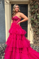 A Line Prom Dress Sweetheart Neck Tiered Long Tulle Evening Dress