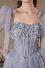 A Line Prom Dress Sweetheart Neck Tulle Beaded Blue Long Evening Dress
