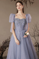 A Line Prom Dress Sweetheart Neck Tulle Beaded Blue Long Evening Dress