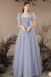 A Line Prom Dress Sweetheart Neck Tulle Beaded Blue Long Evening Dress