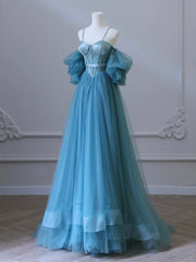 A Line Prom Dress Sweetheart Neck Tulle Blue Long Formal Dress Evening Dress