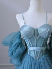 A Line Prom Dress Sweetheart Neck Tulle Blue Long Formal Dress Evening Dress