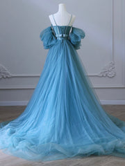 A Line Prom Dress Sweetheart Neck Tulle Blue Long Formal Dress Evening Dress