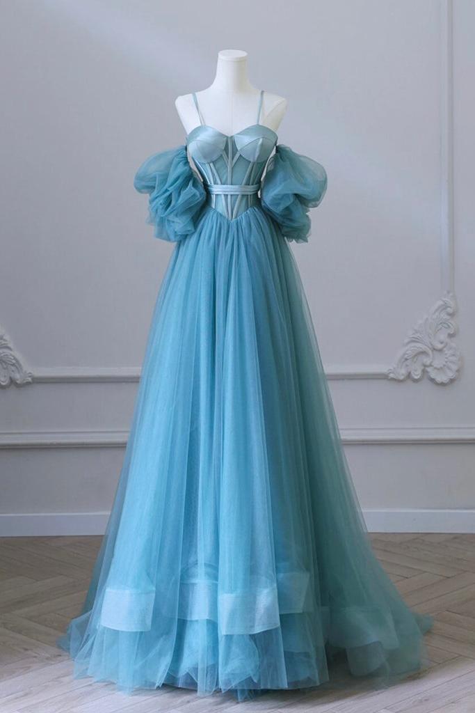 A Line Prom Dress Sweetheart Neck Tulle Blue Long Formal Dress Evening Dress
