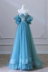 A Line Prom Dress Sweetheart Neck Tulle Blue Long Formal Dress Evening Dress