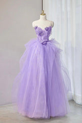 A Line Prom Dress Sweetheart Neck Tulle Lace Appliques Purple Long Formal Dress Evening Dress