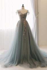 A Line Prom Dress Sweetheart Neck Tulle Lace Gray Prom Dress Blue Long Formal Gown Evening Dress
