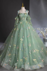 A Line Prom Dress Sweetheart Neck Tulle Lace Green Long Evening Dress