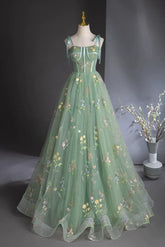 A Line Prom Dress Sweetheart Neck Tulle Lace Green Long Evening Dress