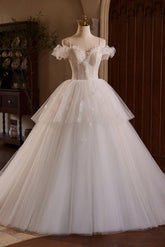 A Line Prom Dress Sweetheart Neck Tulle Lace Light Champagne Long Evening Dress