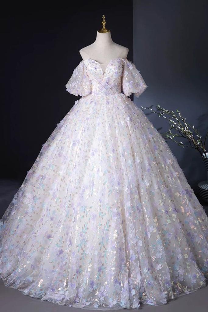 A Line Prom Dress Sweetheart Neck Tulle Lace Light Purple Long Formal Gown Evening Dress