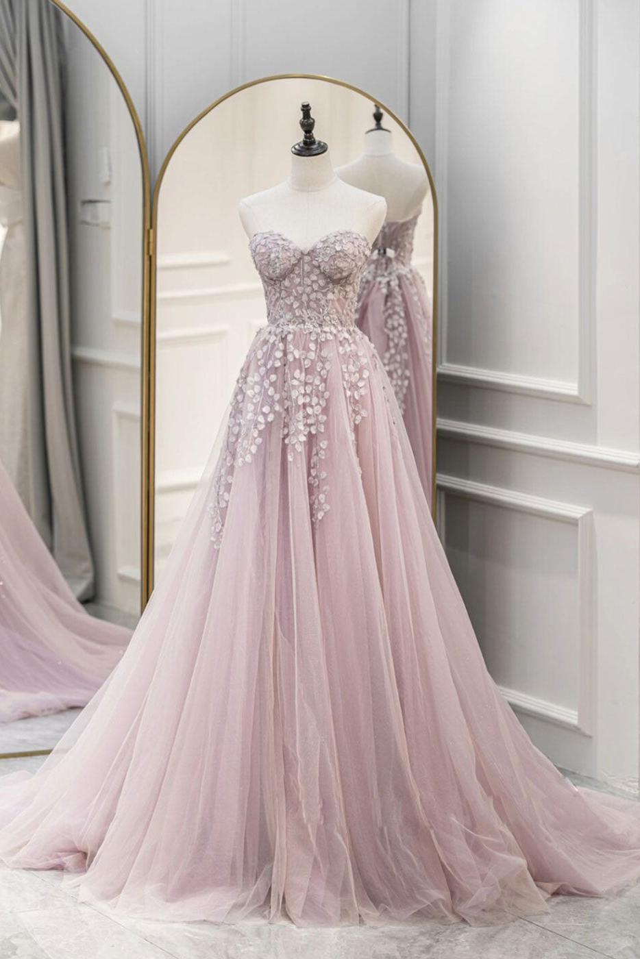 A Line Prom Dress Sweetheart Neck Tulle Lace Long Pink Formal Dress Evening Dress