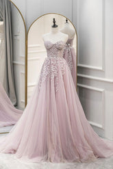A Line Prom Dress Sweetheart Neck Tulle Lace Long Pink Formal Dress Evening Dress