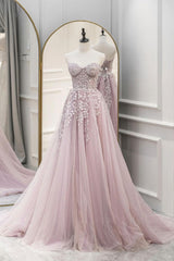 A Line Prom Dress Sweetheart Neck Tulle Lace Long Pink Formal Dress Evening Dress