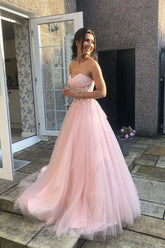 A Line Prom Dress Sweetheart Neck Tulle Lace Long Pink Formal Gown Evening Dress