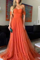 A Line Prom Dress Sweetheart Neck Tulle Long Orange Formal Dress Evening Dress