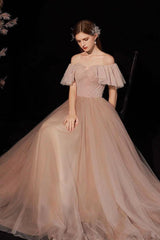 A Line Prom Dress Sweetheart Neck Tulle Pink Long Evening Dress