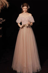 A Line Prom Dress Sweetheart Neck Tulle Pink Long Evening Dress