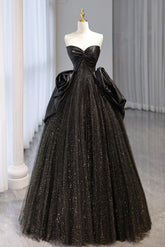 A Line Prom Dress Sweetheart Neck Tulle Satin Black Long Evening Dress