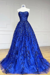 A Line Prom Dress Sweetheart Neck Tulle Sequin Blue Long Formal Dress Evening Dress