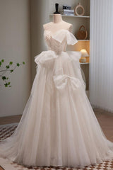 A Line Prom Dress Sweetheart Neck Tulle Sequin Light Champagne Long with Beading Evening Dress