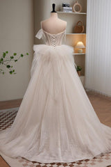A Line Prom Dress Sweetheart Neck Tulle Sequin Light Champagne Long with Beading Evening Dress