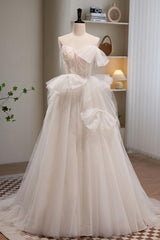 A Line Prom Dress Sweetheart Neck Tulle Sequin Light Champagne Long with Beading Evening Dress