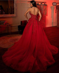 A Line Prom Dress Sweetheart Tulle Long Evening Dress with Sequined Lace Appliques