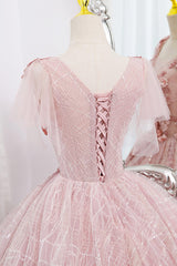 A Line Prom Dress Tulle Lace Appliques Pink Long Sweet 16 Dress Evening Dress