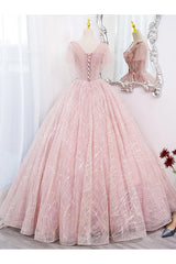 A Line Prom Dress Tulle Lace Appliques Pink Long Sweet 16 Dress Evening Dress