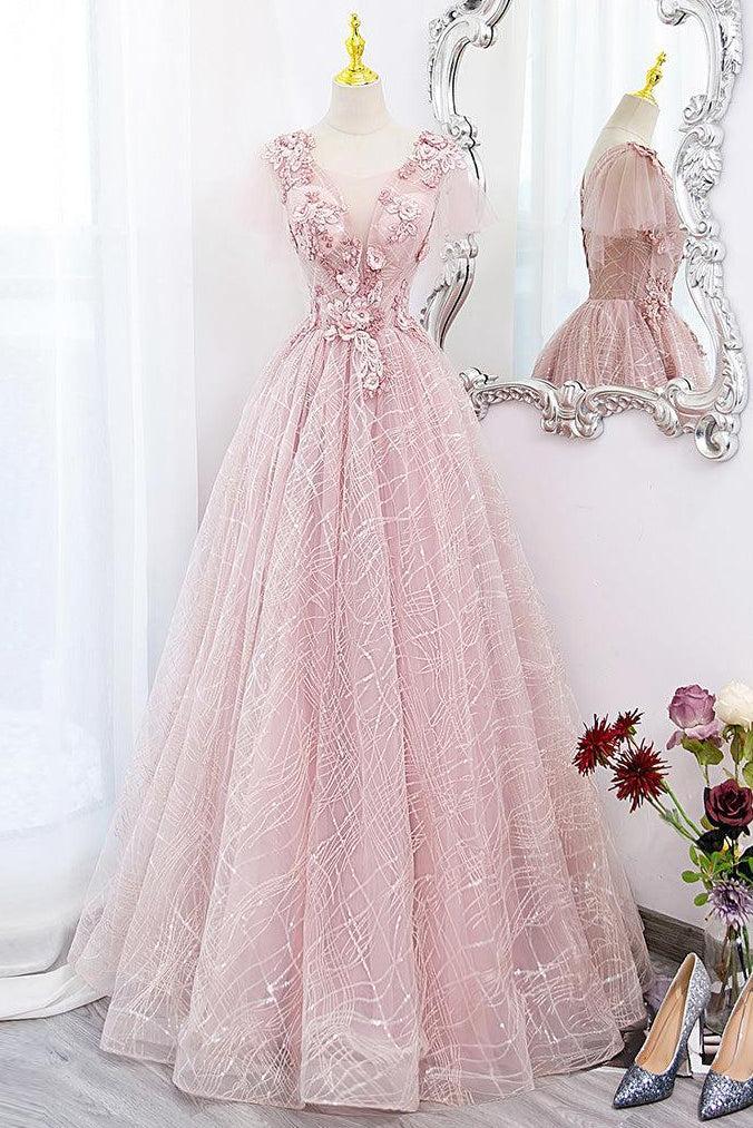 A Line Prom Dress Tulle Lace Appliques Pink Long Sweet 16 Dress Evening Dress