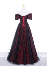 A Line Prom Dress Tulle Lace Black/Burgundy Long Formal Dress Evening Dress