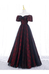 A Line Prom Dress Tulle Lace Black/Burgundy Long Formal Dress Evening Dress