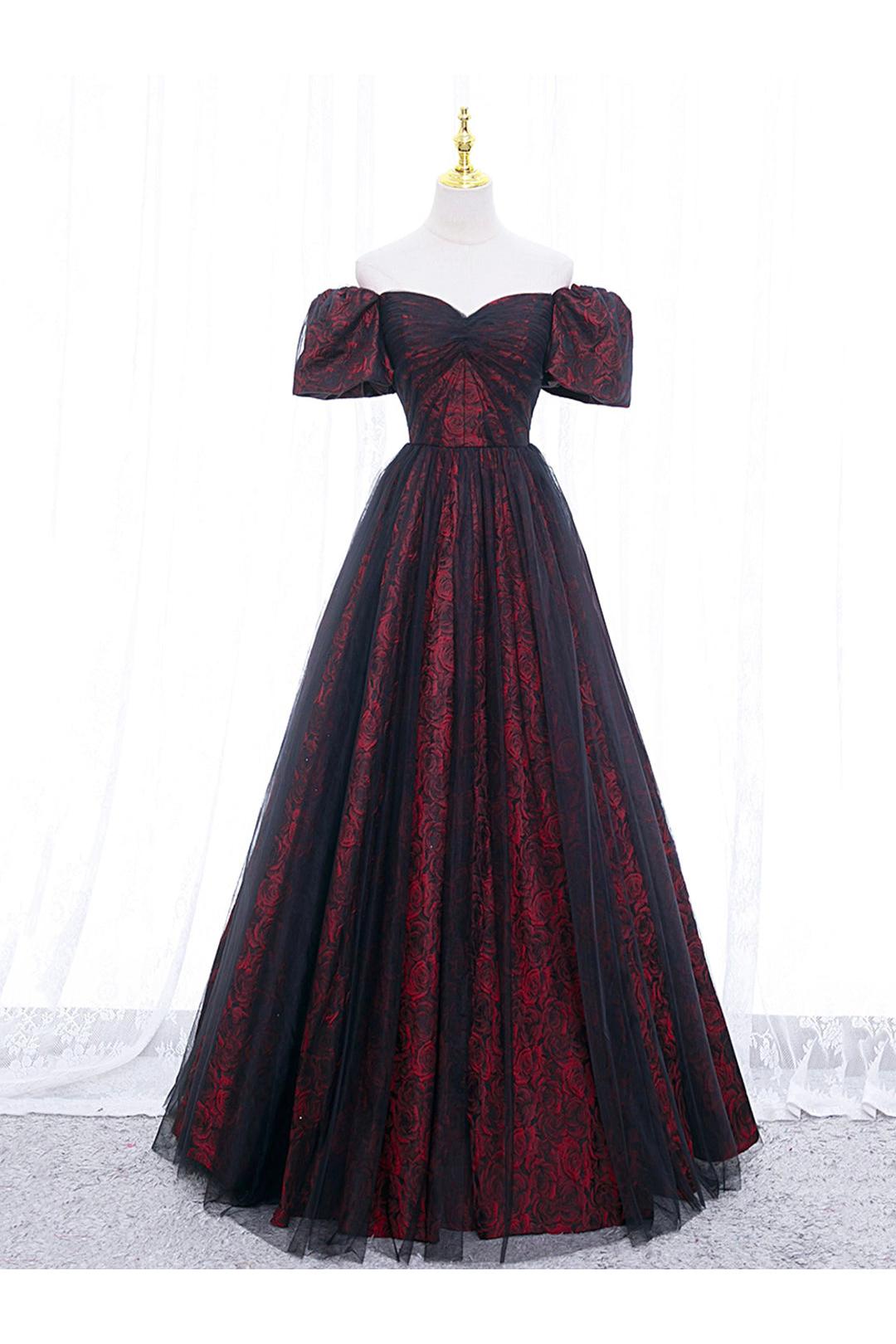 A Line Prom Dress Tulle Lace Black/Burgundy Long Formal Dress Evening Dress