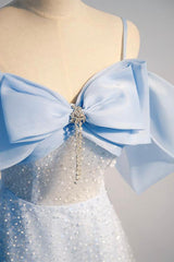 A Line Prom Dress Tulle Sequin Blue Long Formal Dress Evening Dress